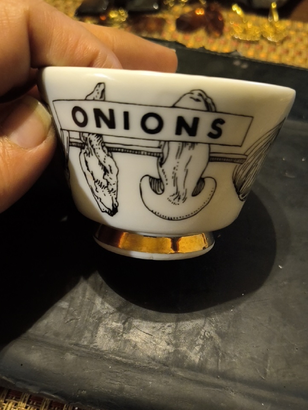 Fornasetti White and Black 'Onions' Ceramic Bowl with Gold Trim. Italian Porcela